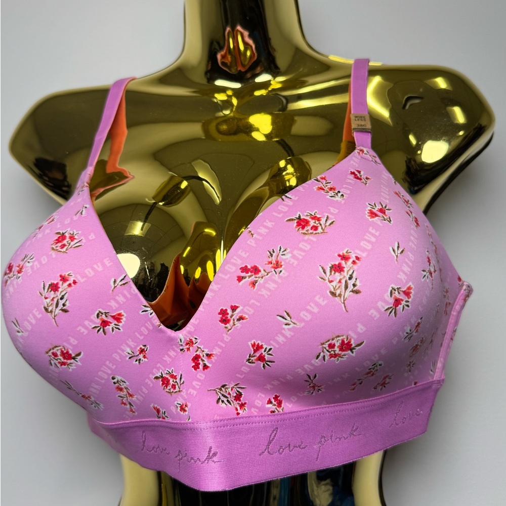 PINK Victoria's Secret Pink Floral Wireless Bralette with Red Accents